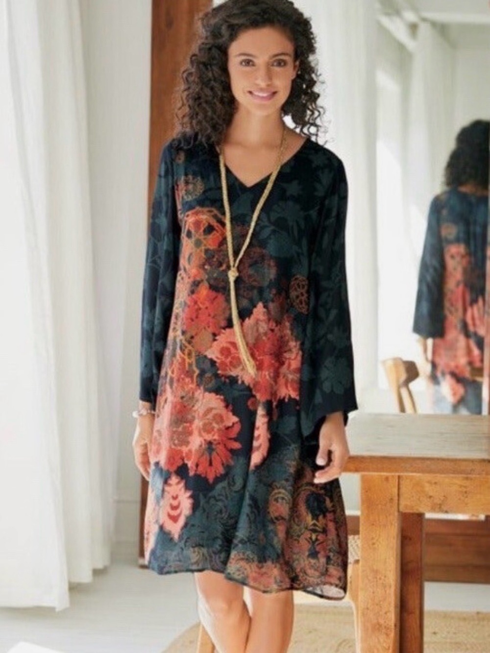 Floral V-Neck Long-Sleeve Dress in Navy and Coral